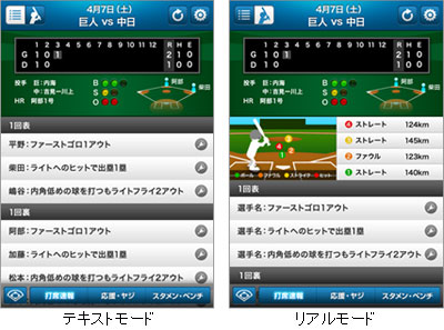 「プロ野球打席速報」　テキストモード（左）　リアルモード（右）