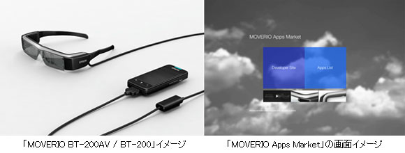「MOVERIO BT-200AV / BT-200」イメージ、「MOVERIO Apps Market」の画面イメージ