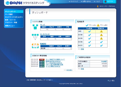 BIGLOBEクラウドホスティング　ダッシュボード画面