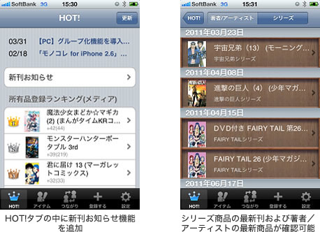 モノコレ HOT!タブの中に新刊お知らせ機能を追加（左） モノコレ シリーズ商品の最新刊および著者/アーティストの最新商品が確認可能（右）