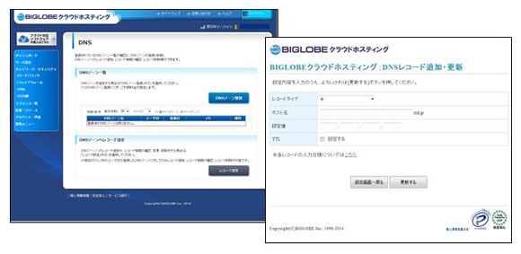 「DNS」機能の設定画面